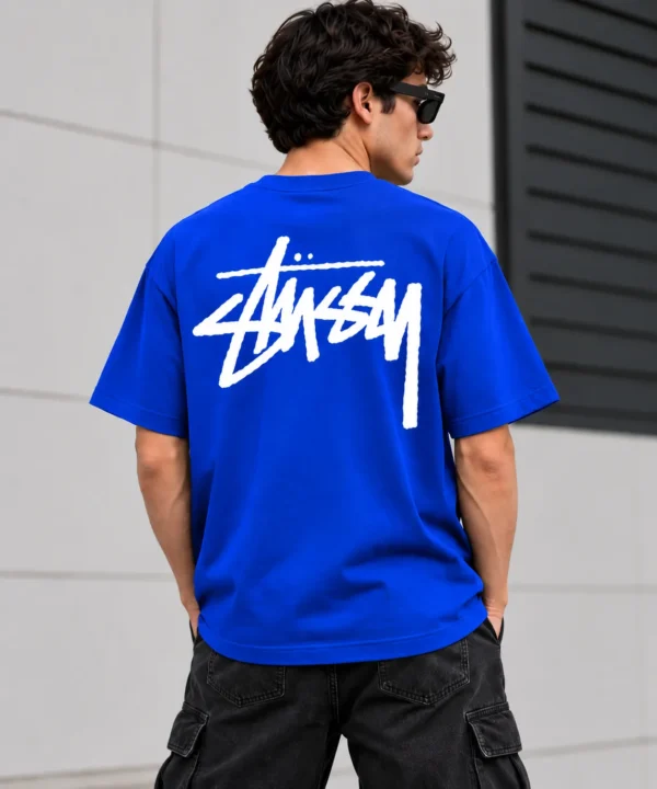 Basic Stussy Tee Model Wear Back Look Blue