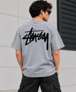 Basic Stussy Tee Model Wear Back Look Grey