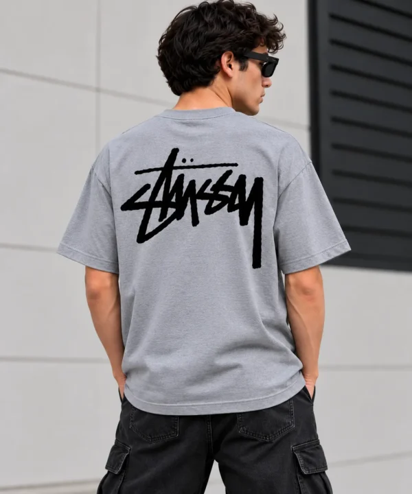 Basic Stussy Tee Model Wear Back Look Grey