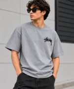 Basic Stussy Tee Model Wear Front Look Grey