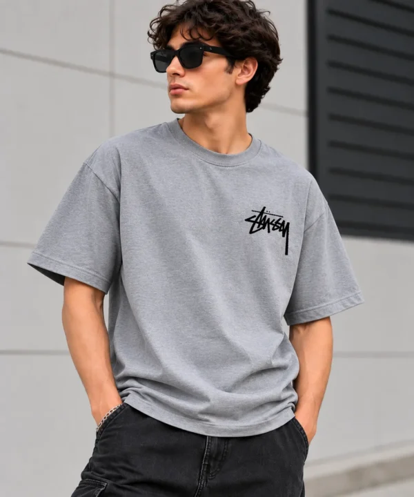 Basic Stussy Tee Model Wear Front Look Grey