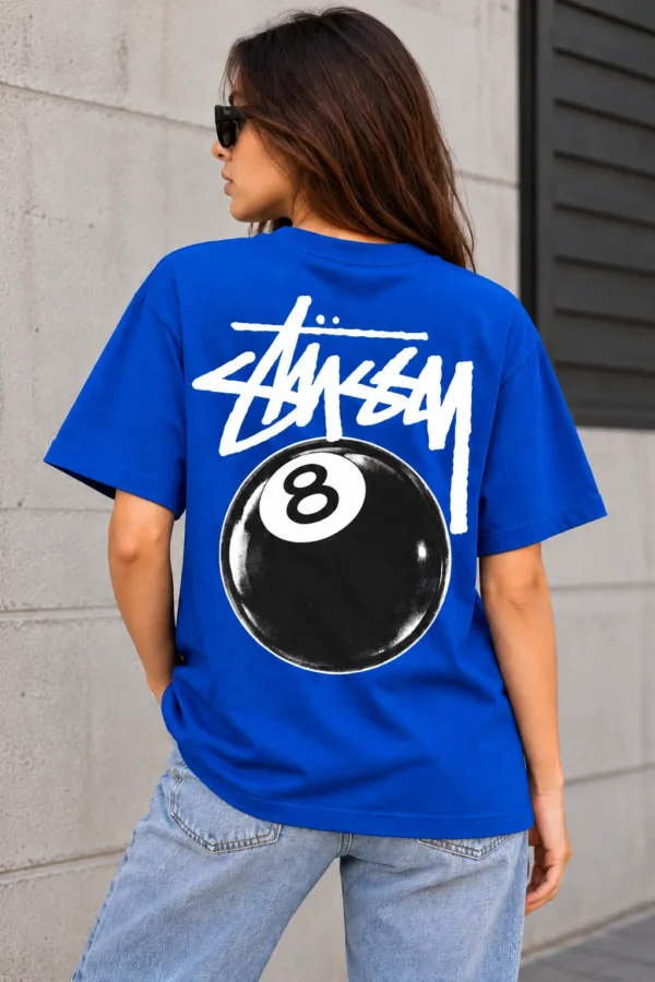 Stussy 8 Ball Tee Model Wear Back Look Blue