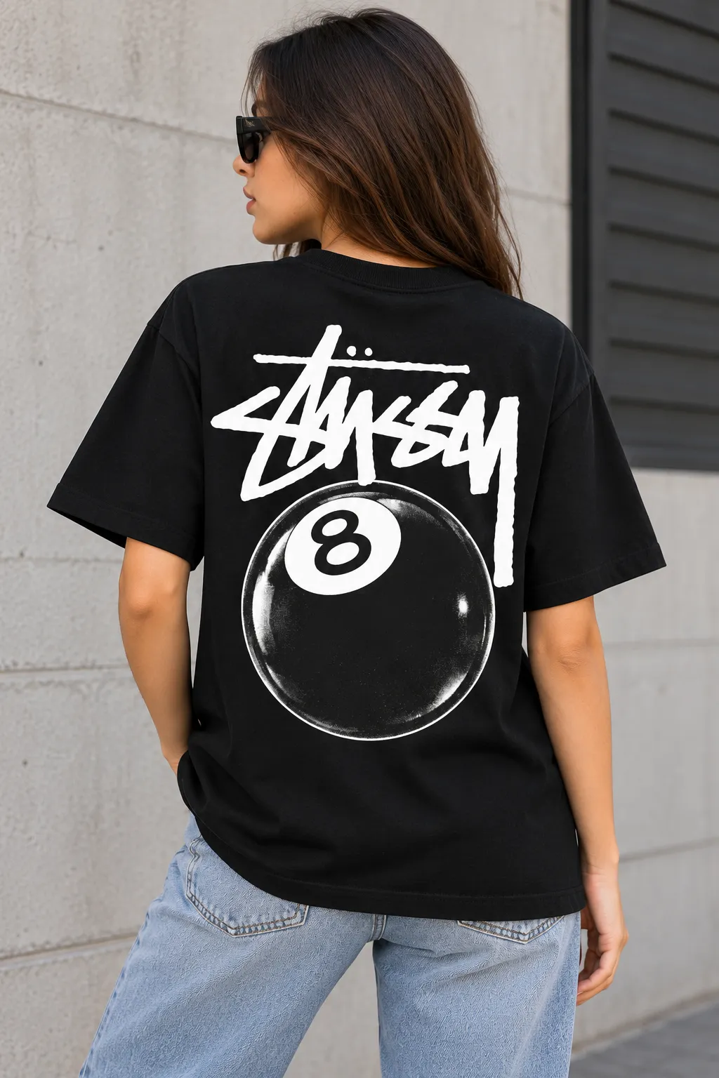 Stussy 8 Ball Tee Model Wear Back Look Stussy 8 Ball Tee Model Wear Back Look
