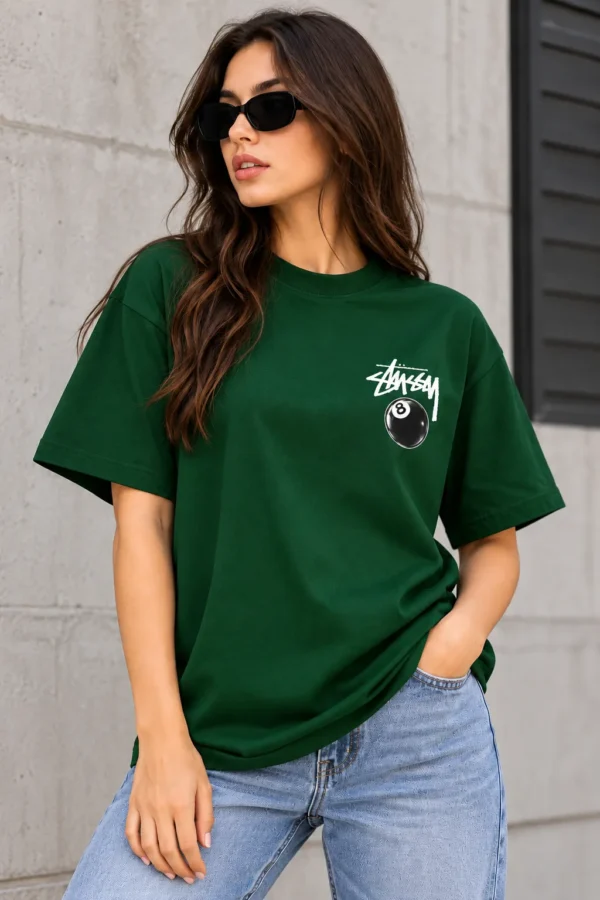 Stussy 8 Ball Tee Model Wear Front Look Green