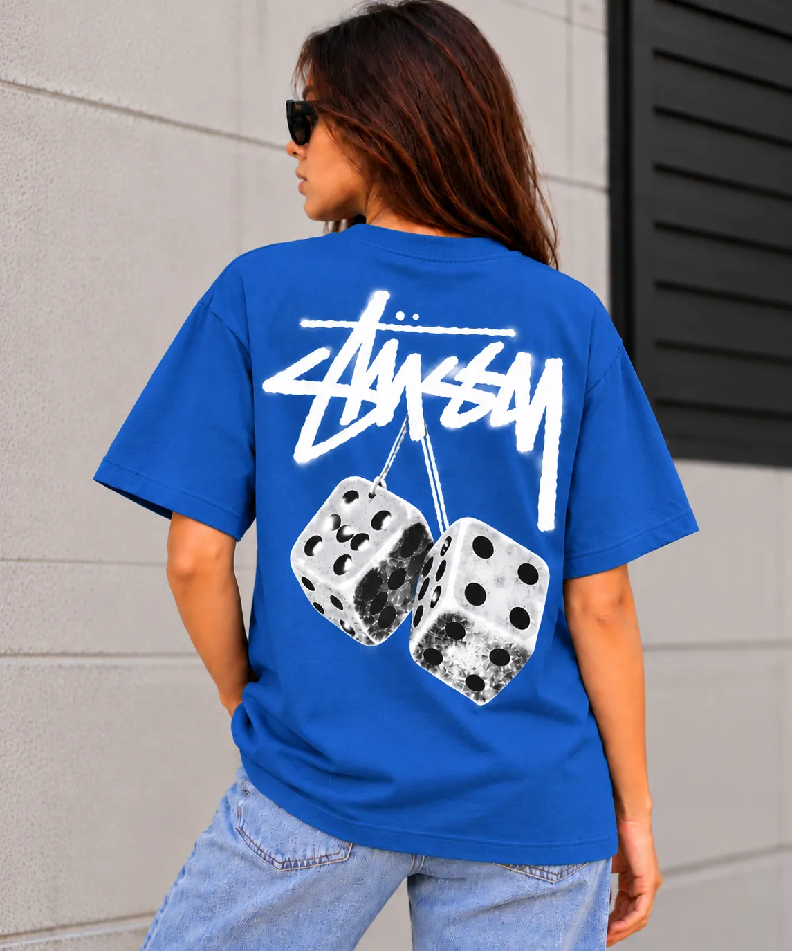 Stussy Dice Tee Model Wear Back Look Blue Stussy Dice Tee Model Wear Back Look Blue