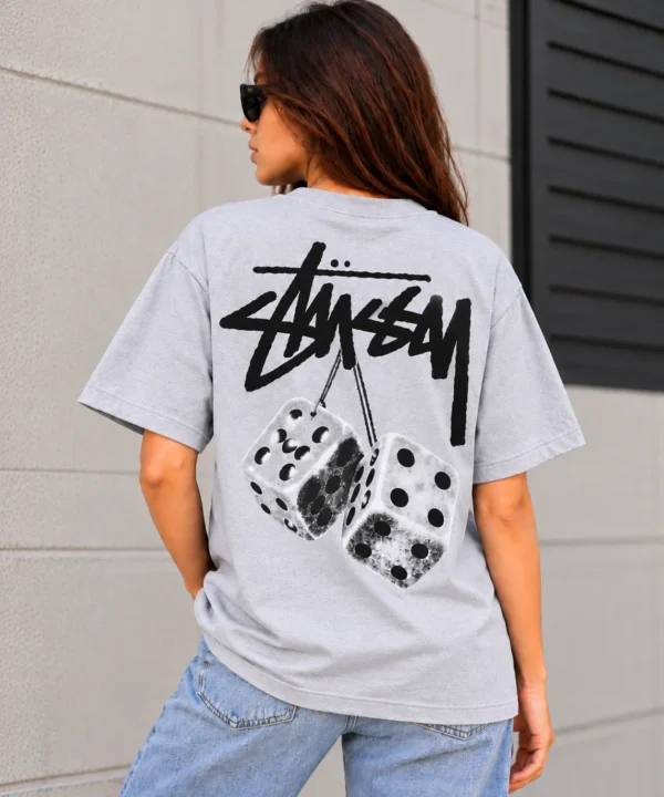 Stussy Dice Tee Model Wear Back Look Grey