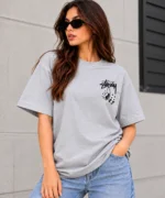 Stussy Dice Tee Model Wear Front Look Grey