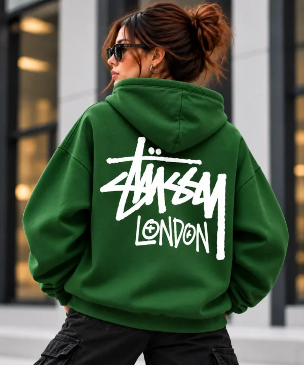 Stussy London Hoodie Model Wear Back Look Green