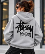 Stussy London Hoodie Model Wear Back Look Grey
