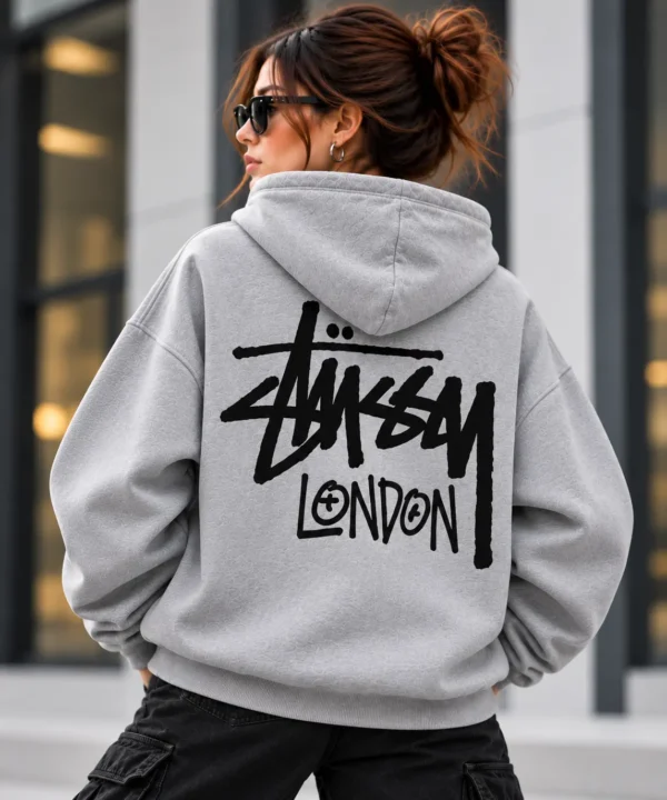 Stussy London Hoodie Model Wear Back Look Grey