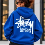 Stussy London Hoodie Model Wear Back Look blue