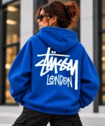 Stussy London Hoodie Model Wear Back Look blue
