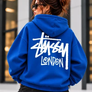 Stussy London Hoodie Model Wear Back Look blue