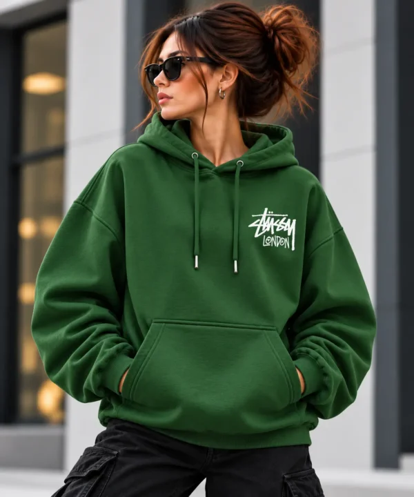 Stussy London Hoodie Model Wear Front Look Green