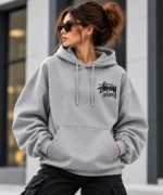 Stussy London Hoodie Model Wear Front Look Grey
