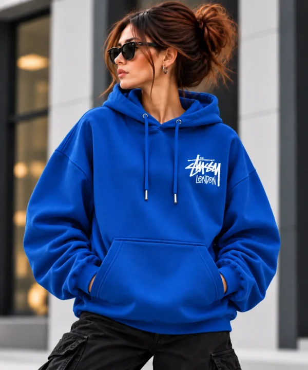 Stussy London Hoodie Model Wear Front Look blue