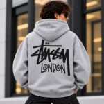 Stussy London Zip Hoodie Model Wear Back Look Grey