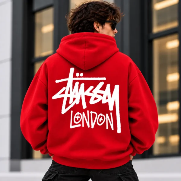 Stussy London Zip Hoodie Model Wear Back Look Red