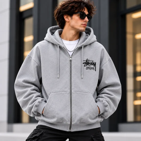 Stussy London Zip Hoodie Model Wear Front Look Grey