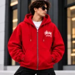 Stussy London Zip Hoodie Model Wear Front Look Red