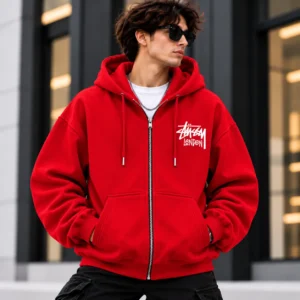 Stussy London Zip Hoodie Model Wear Front Look Red