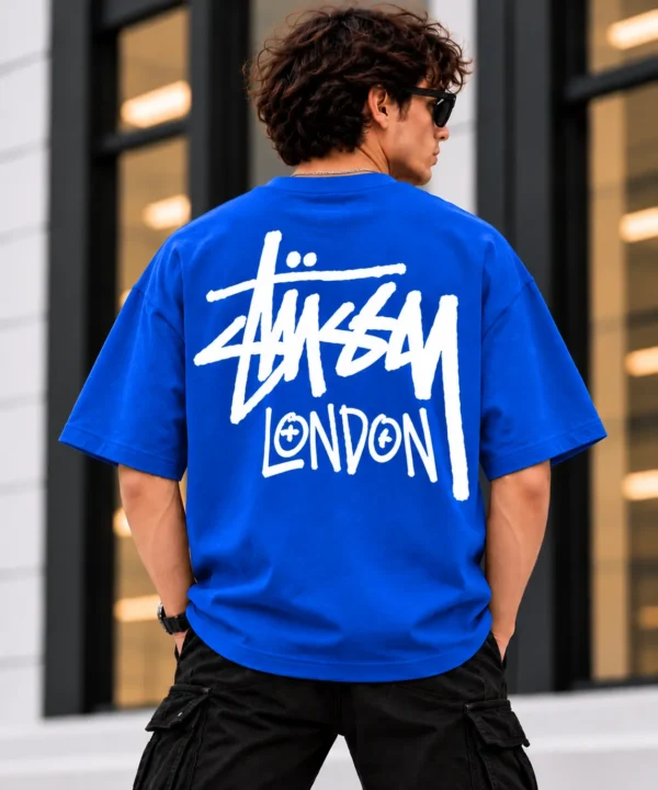 Stussy London Tee Model Wear Back Look Blue
