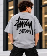 Stussy London Tee Model Wear Back Look Grey