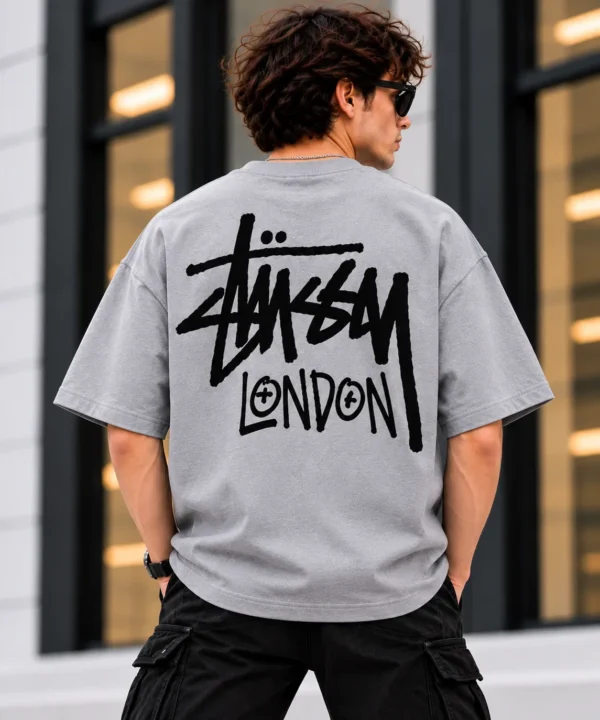 Stussy London Tee Model Wear Back Look Grey