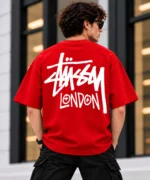 Stussy London Tee Model Wear Back Look Red