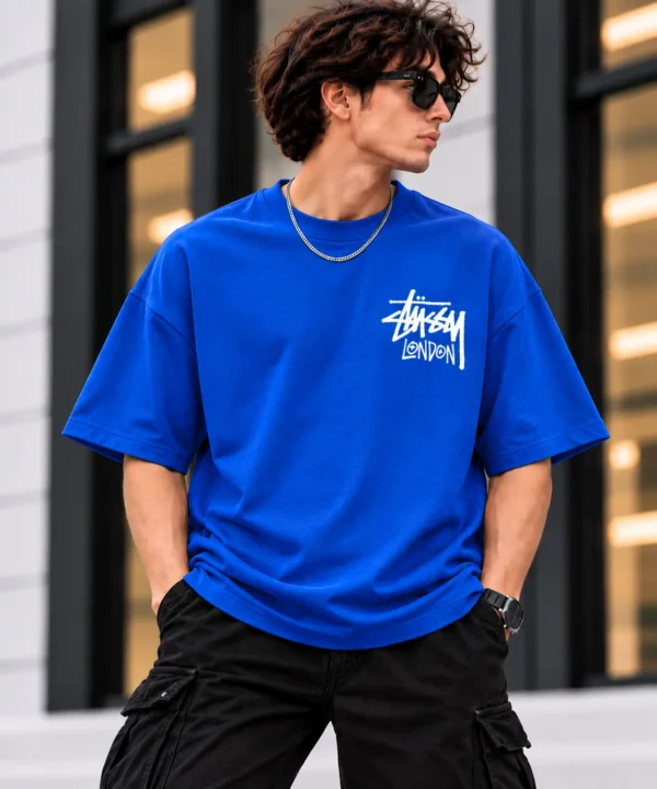 Stussy London Tee Model Wear Front Look Blue