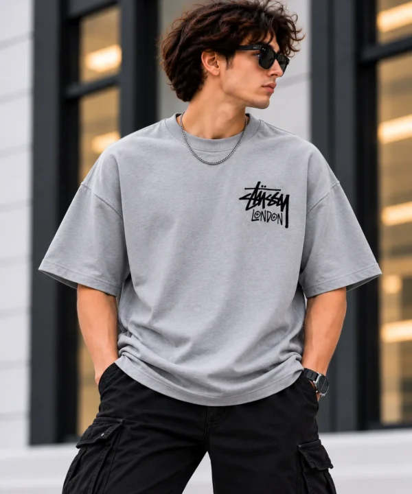 Stussy London Tee Model Wear Front Look Grey
