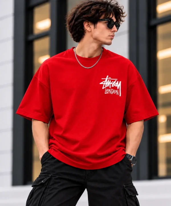 Stussy London Tee Model Wear Front Look Red