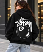 8 ball stussy hoodie model wear back look black
