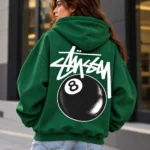 8 ball stussy hoodie model wear back look green