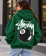 8 ball stussy hoodie model wear back look green