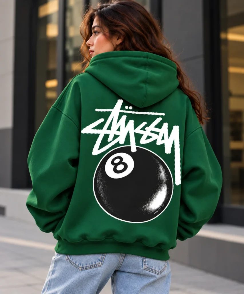 8 ball stussy hoodie model wear back look green