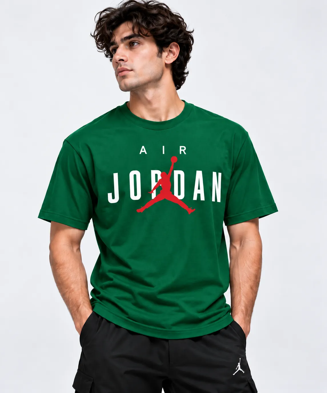 air jordan t shirt green model wear front look air jordan t shirt green model wear front look