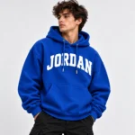 blue jordan hoodie model wear look
