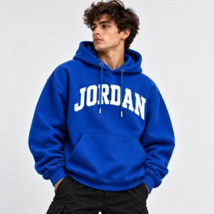blue jordan hoodie model wear look