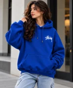 blue stussy hoodie model wear front look