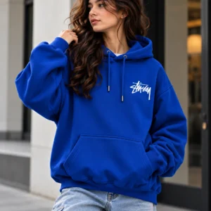 blue stussy hoodie model wear front look