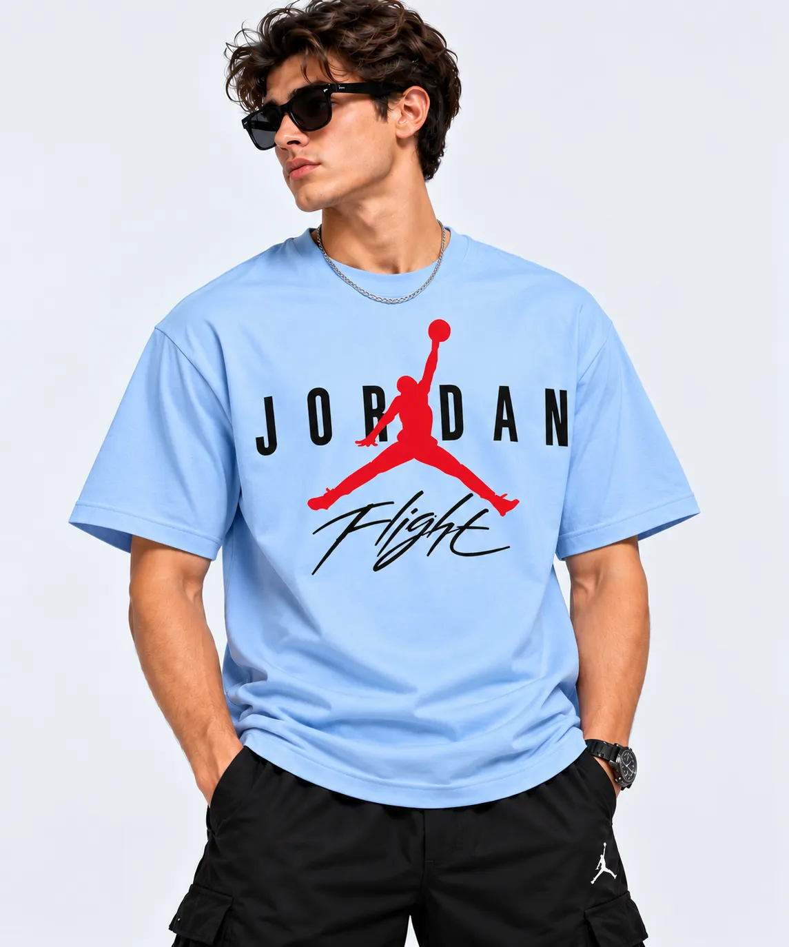 jordan flight t shirt light blue model wear front look jordan flight t shirt light blue model wear front look