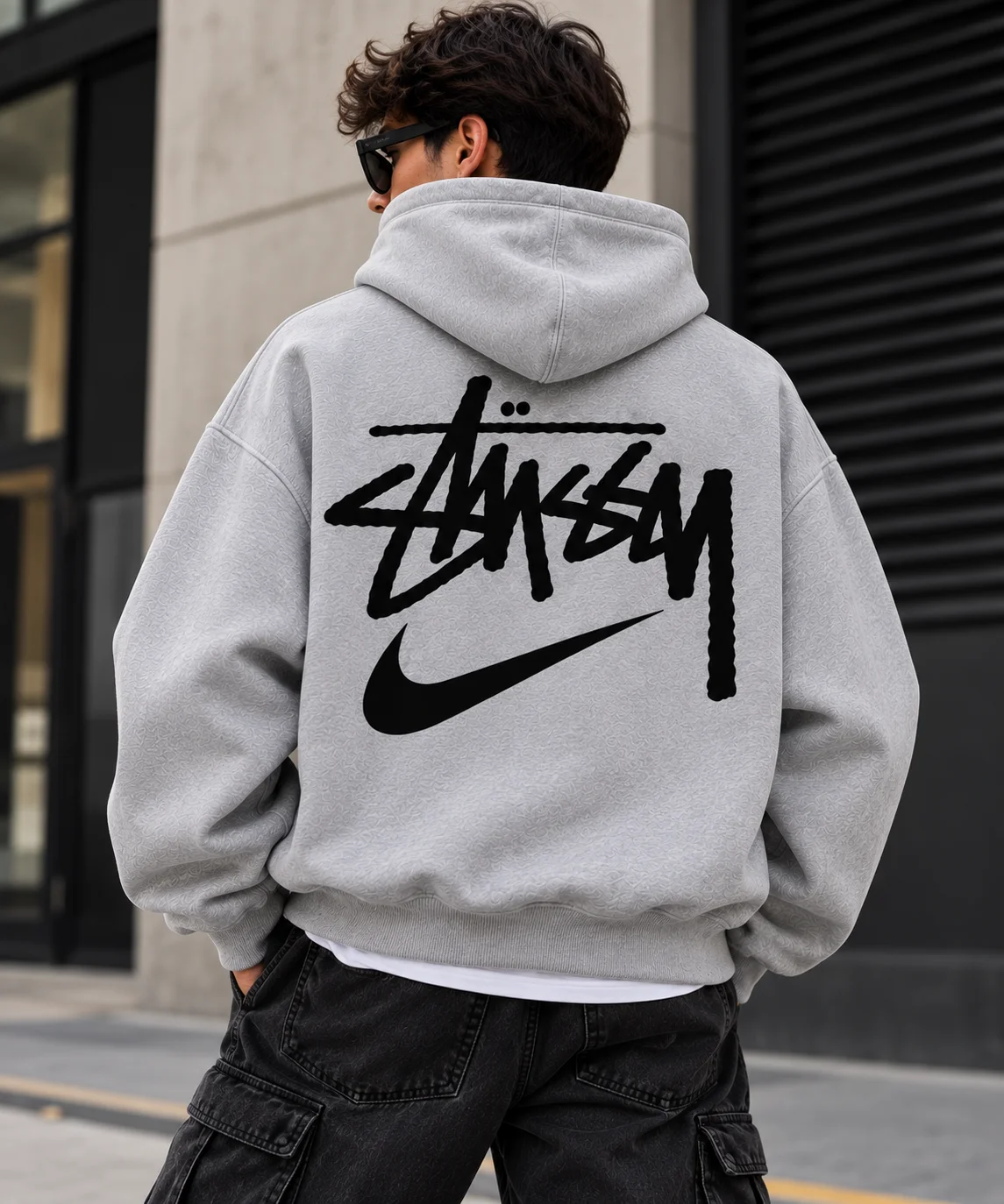 nike stussy hoodie model wear back look