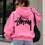 pink stussy hoodie model wear back look