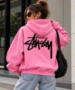 pink stussy hoodie model wear back look