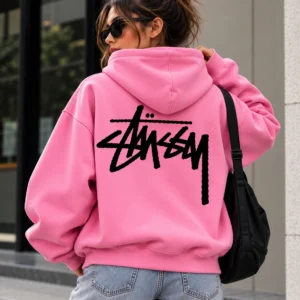 pink stussy hoodie model wear back look