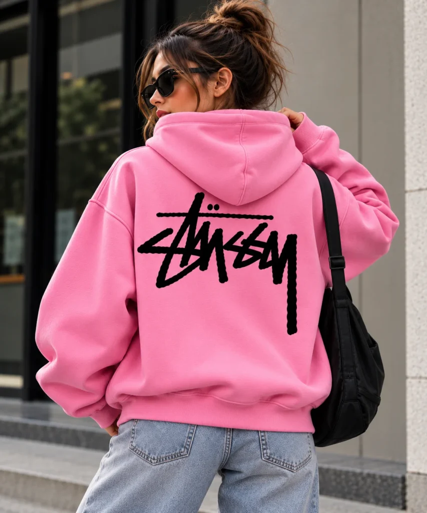 pink stussy hoodie model wear back look