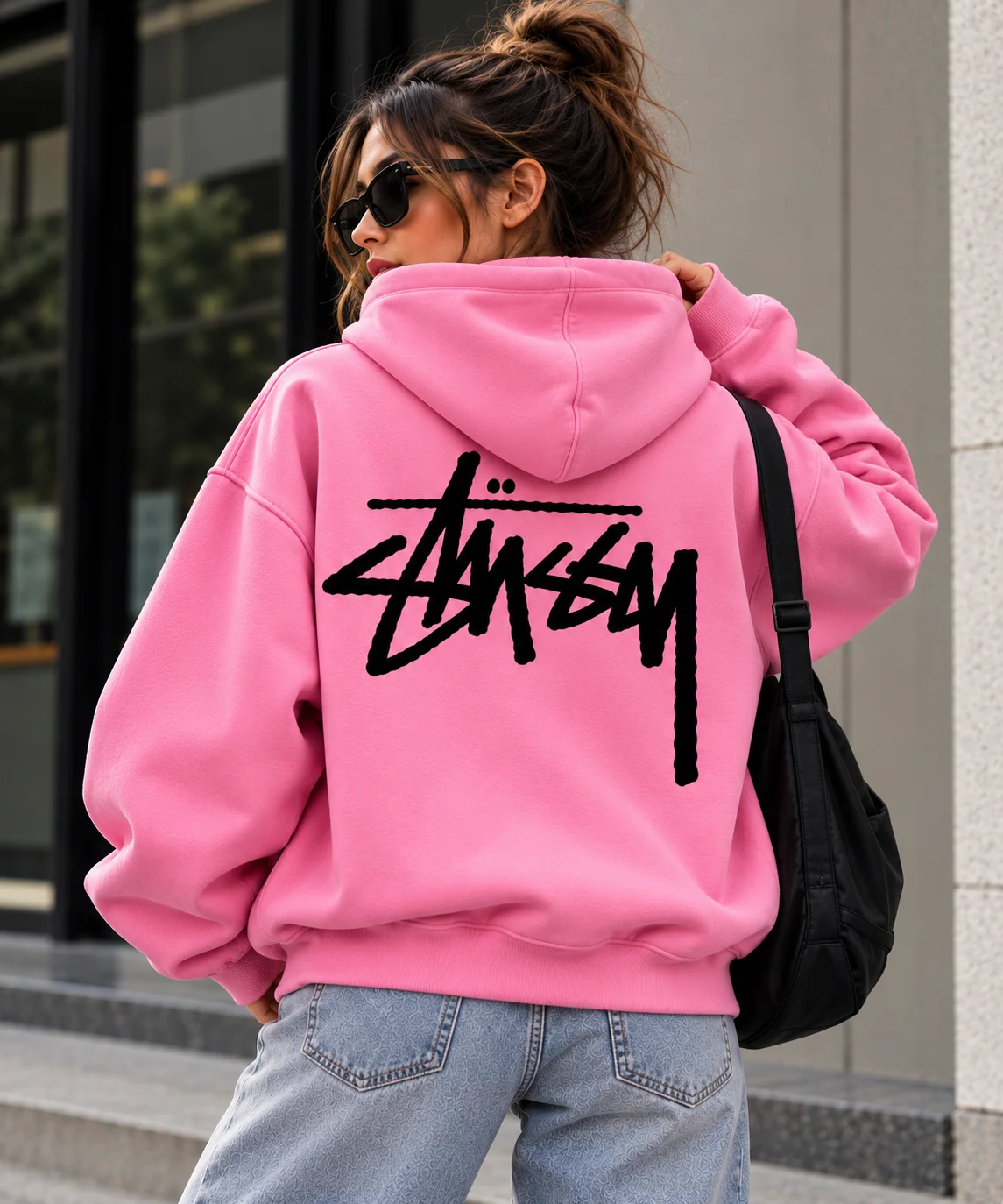 pink stussy hoodie model wear back look pink stussy hoodie model wear back look