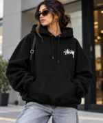 stussy black hoodie model wear front look