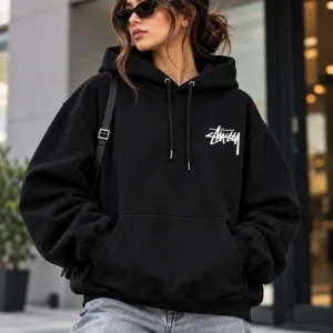 stussy black hoodie model wear front look